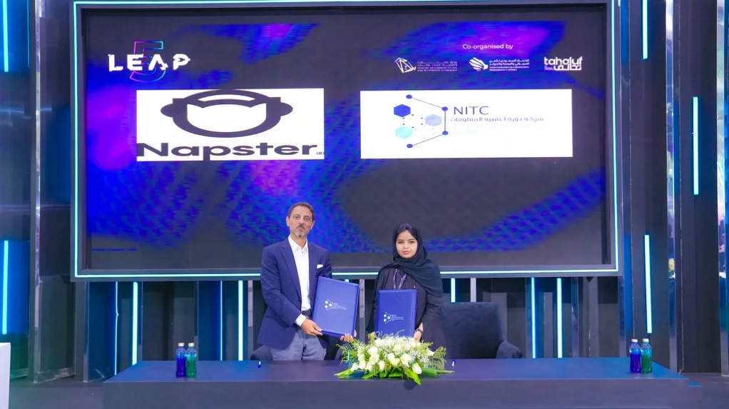 The memorandum of understanding between Nourah Information Technology Company and Napster being signed at LEAP 2026